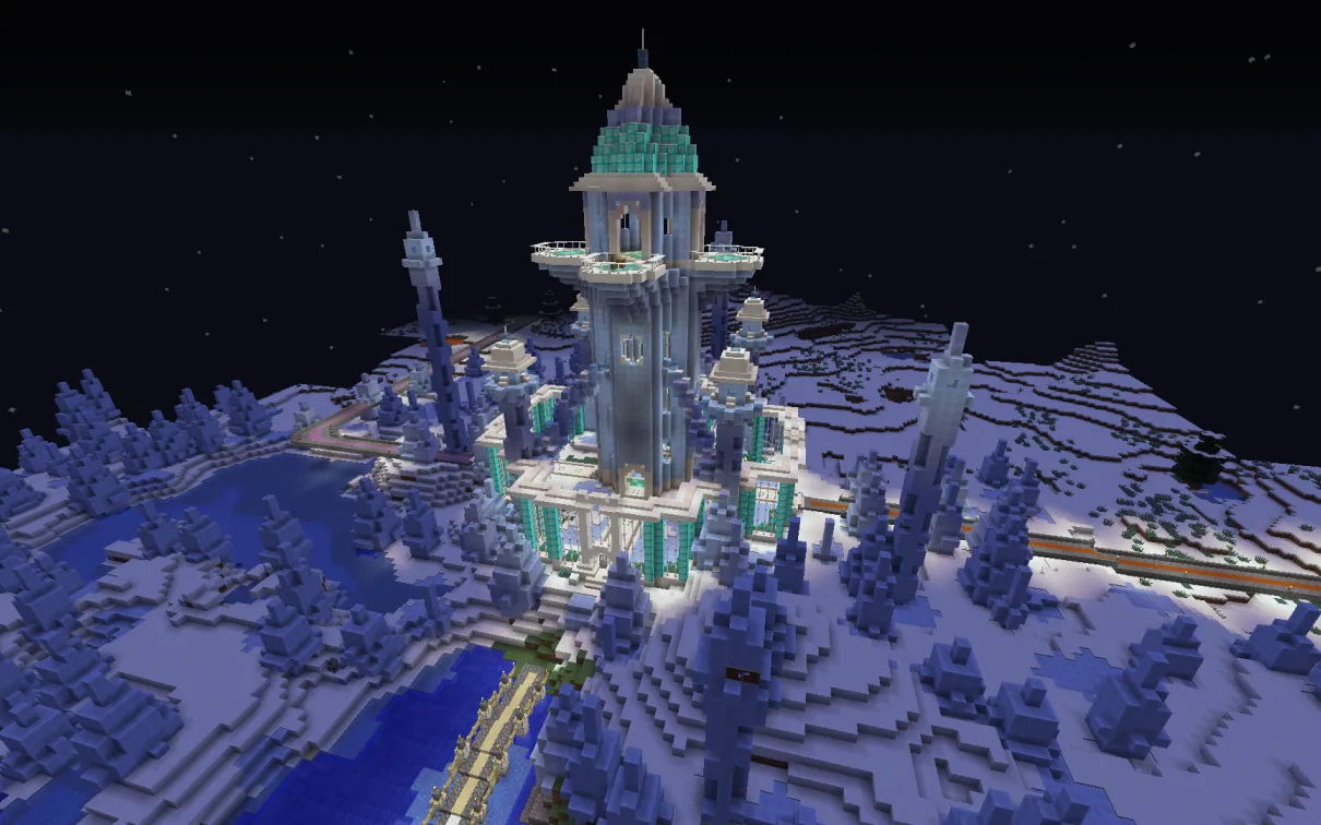 a Minecraft tower with red, yellow, and purple roads leading in different directions away from it
