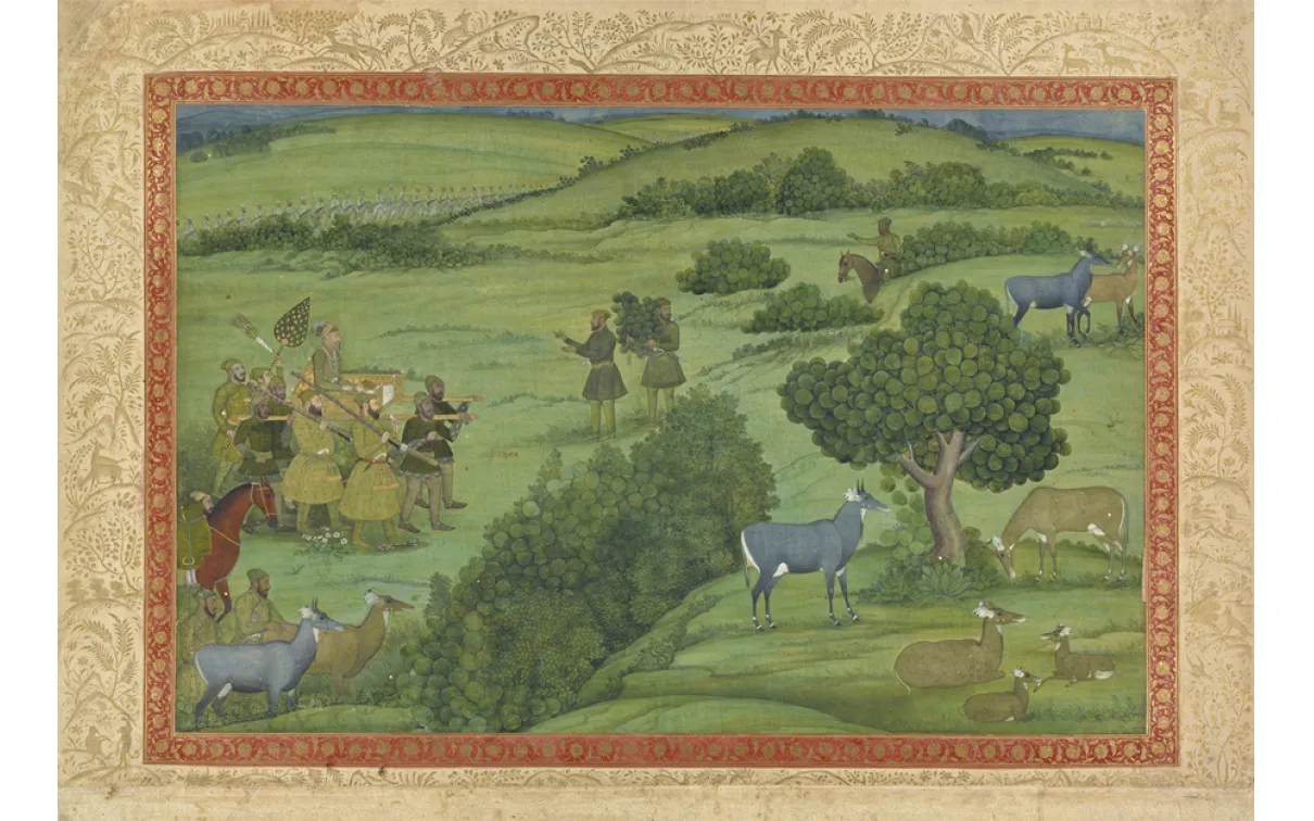 Paysage herbeux avec des animaux en pâture et un groupe d'hommes portant un homme dans un palaquin.
