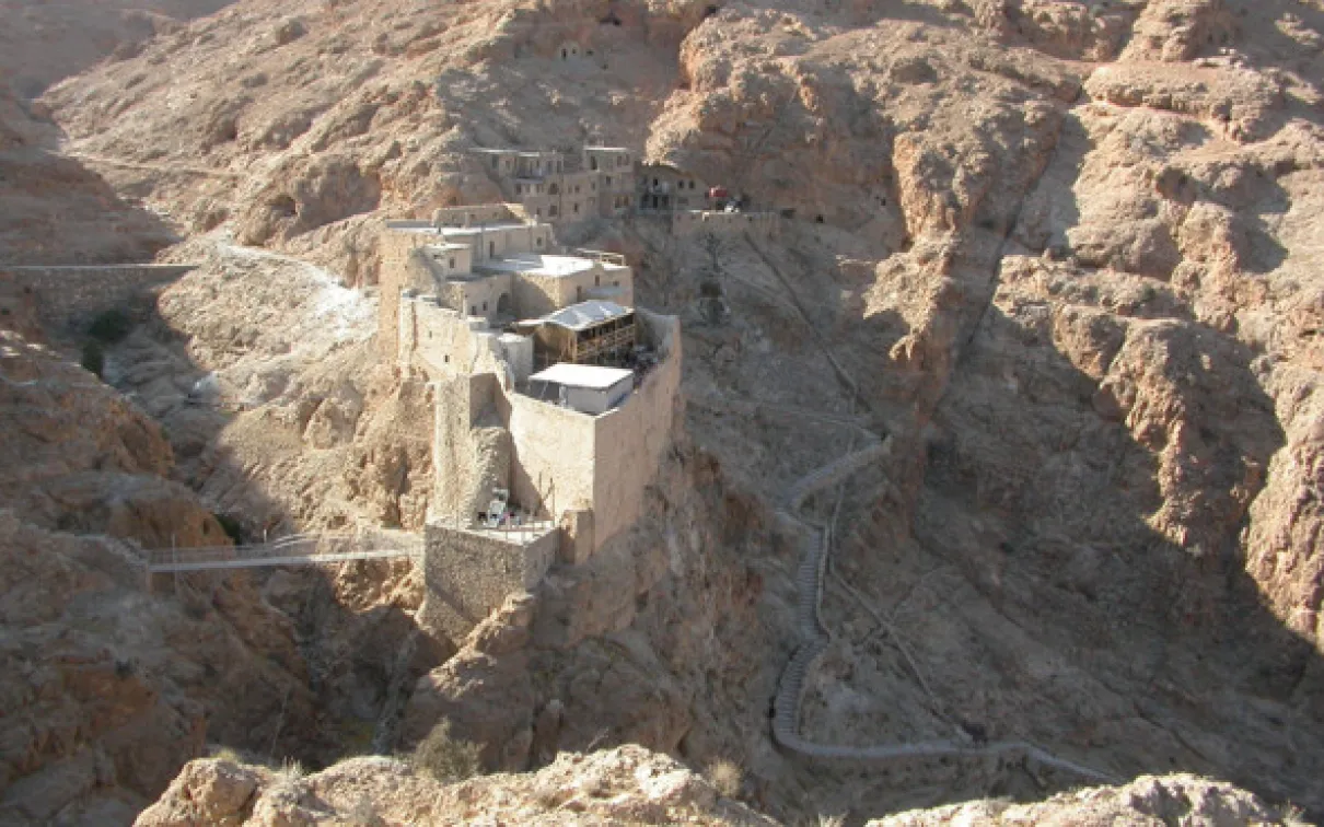 The main monastery buildings at Deir Mar Musa, Syria, from the South., the same view as the reconstructions in the blog.
