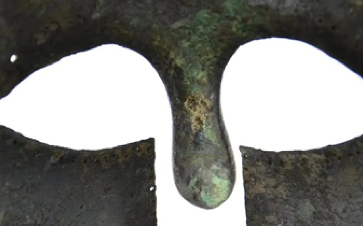 Through a warrior's eyes: detail of the Nugent Marathon helmet  (ROM no.926.19.3 - photo Kay Sunahara)
