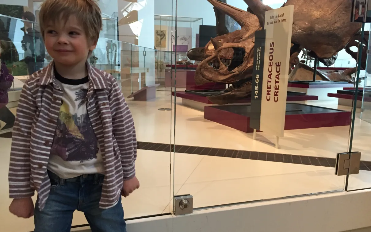 Theo stands next to a Triceratops skull in the Royal Ontario Museum's dinosaur gallery
