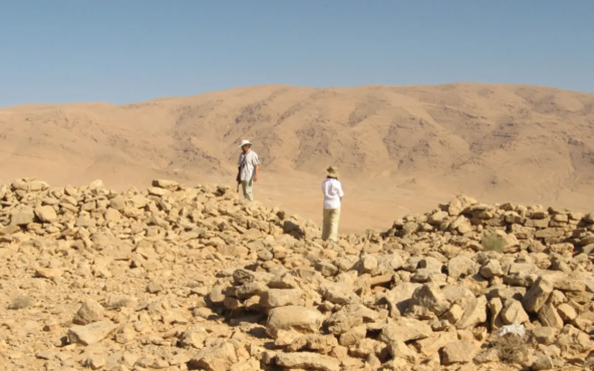 The largest corbelled structure, in fact a complex of three (Feature 56 - 58), with the Qalamoun mountains in the background.
