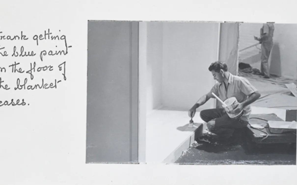 "Frank getting the blue paint on the floor of the blanket cases."
