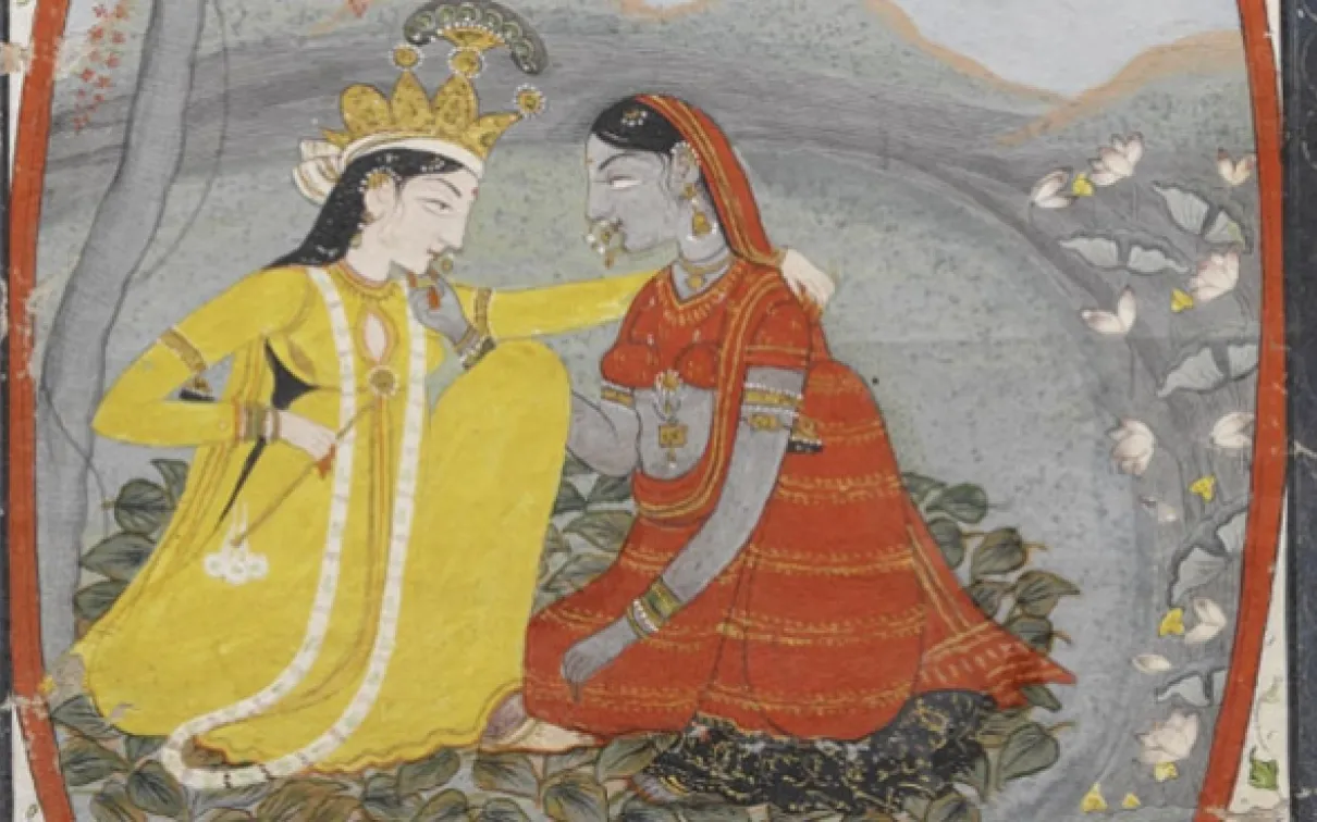 Miniature painting showing Radha and Krishna, (gouache on paper), Mughal period, India, 18th century
