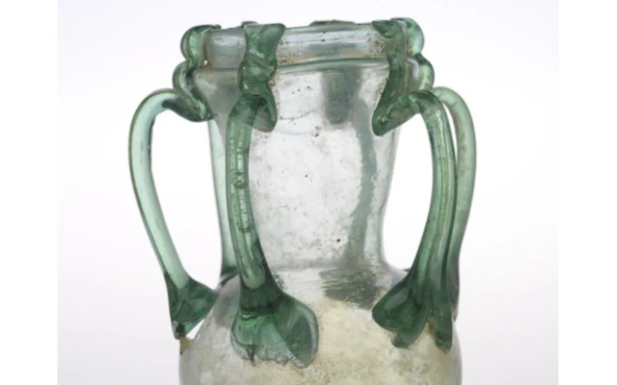 Six-handled green glass jar - Blown glass with trailed handles, Syria - Late Roman - c. 300-425 AD, ROM #909.3.41   - The Walter Massey Collection - Height 12.9cm  Width 9.4cm  Diameter 7.6cm. ROM Photography.
