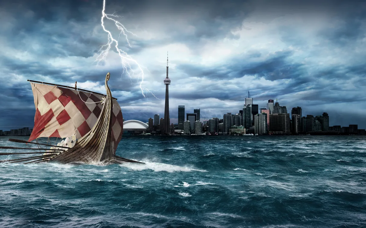 Graphic showing a Viking ship in Toronto harbour
