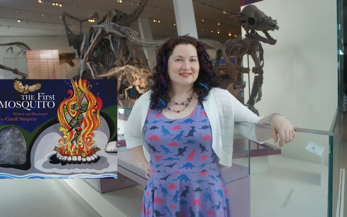 Sarah Elliott with The First Mosquito book cover.
