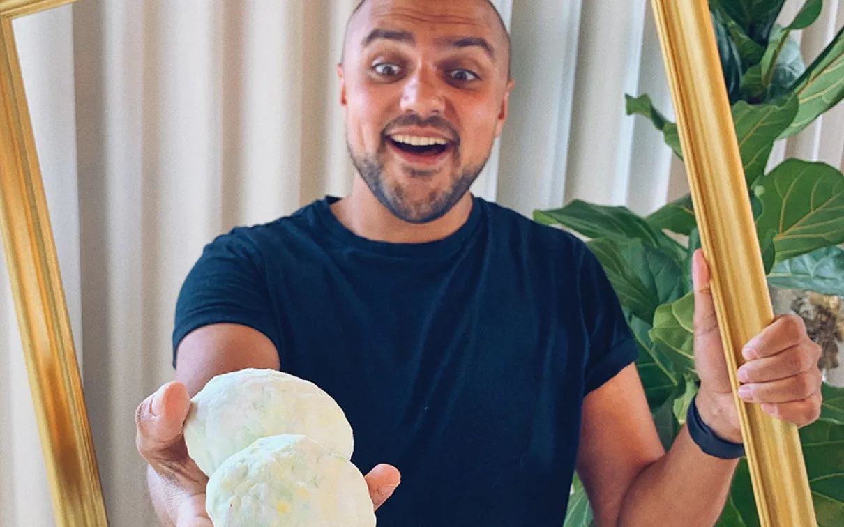 Kiron holding today's activity, fizzing dinosaur eggs
