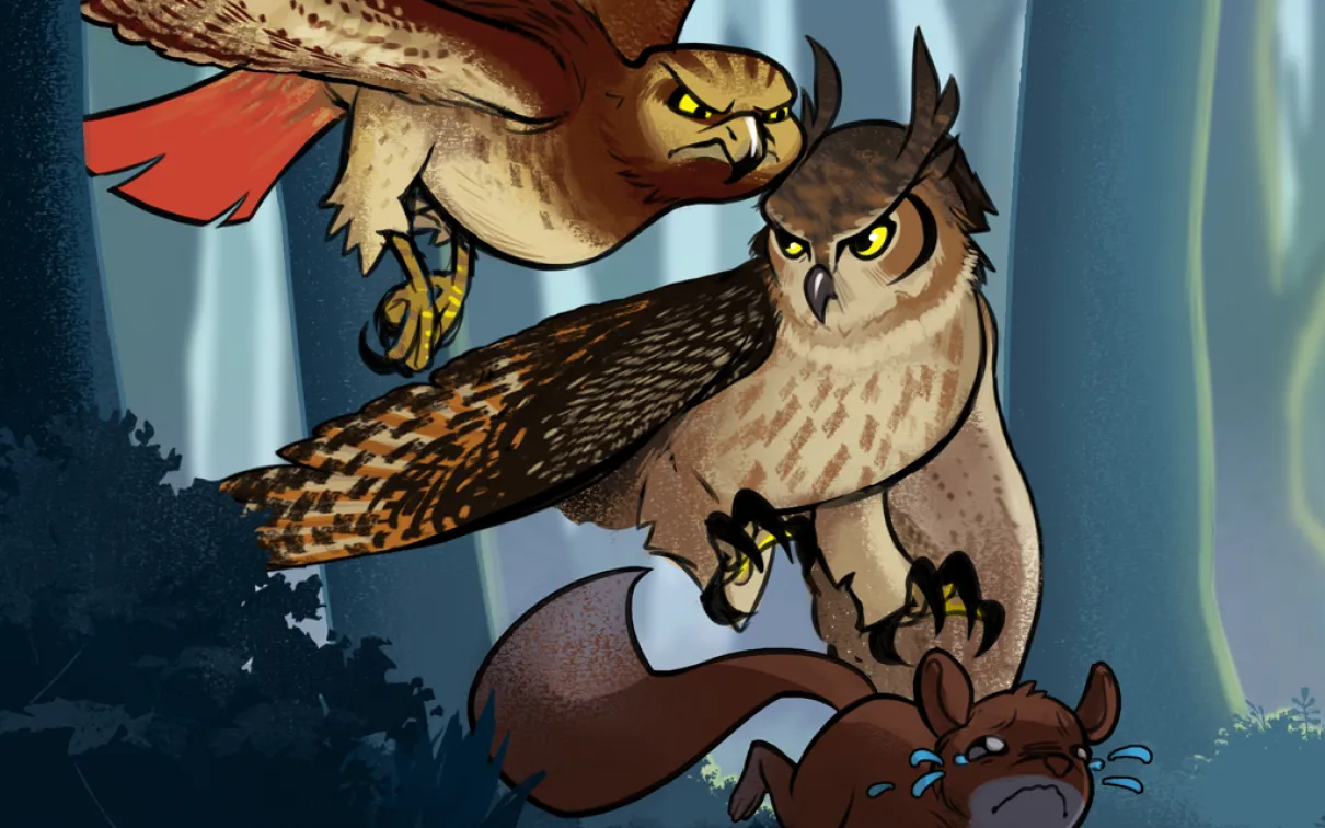un faucon et un hibou animés se disputent un écureuil
