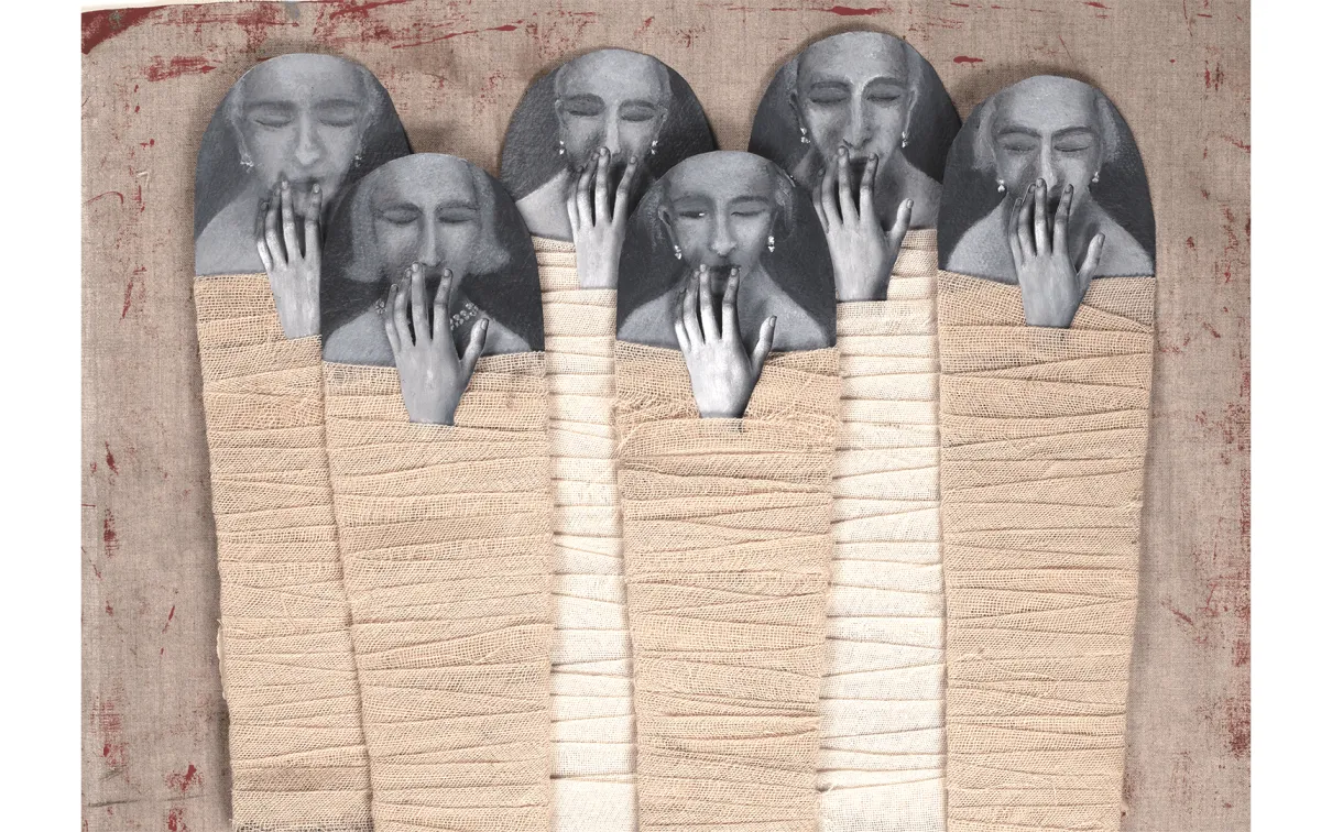 Print with six figures with hands over their mouths