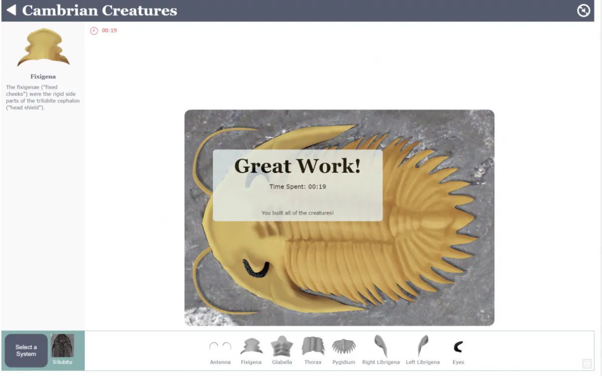 a complete trilobite and an announcement saying "great work!"
