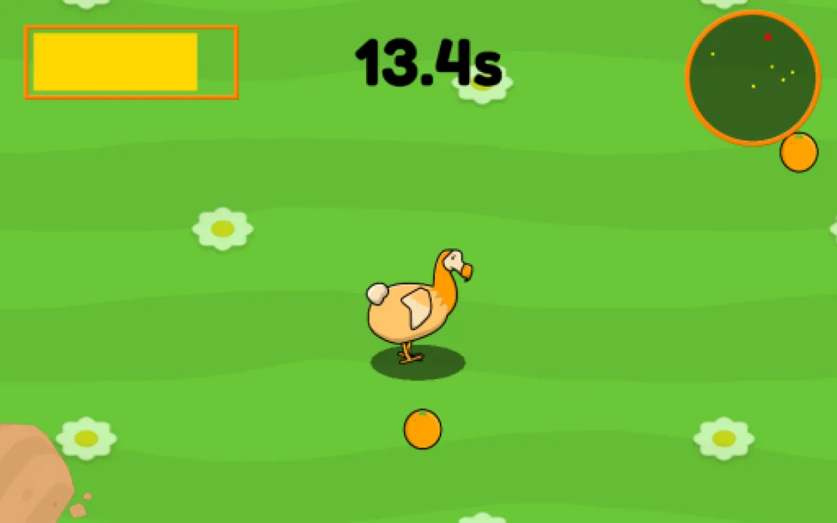 a dodo stands on a green field with some oranges and a score at the top of the screen
