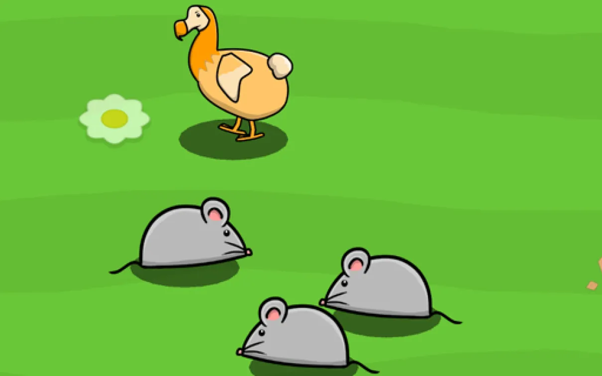 a dodo stands on a green field surrounded by rats
