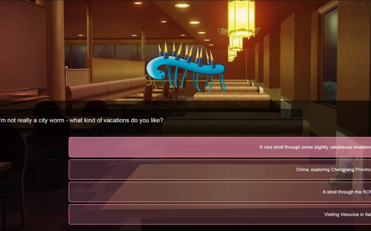 a creature asks a question with responses for the user to choose from
