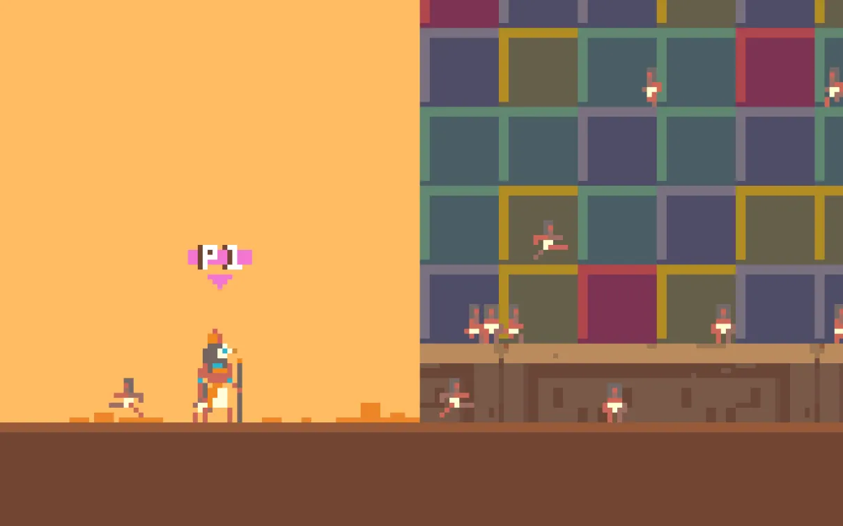 a human figure with the head of a falcon stands by small human figures
