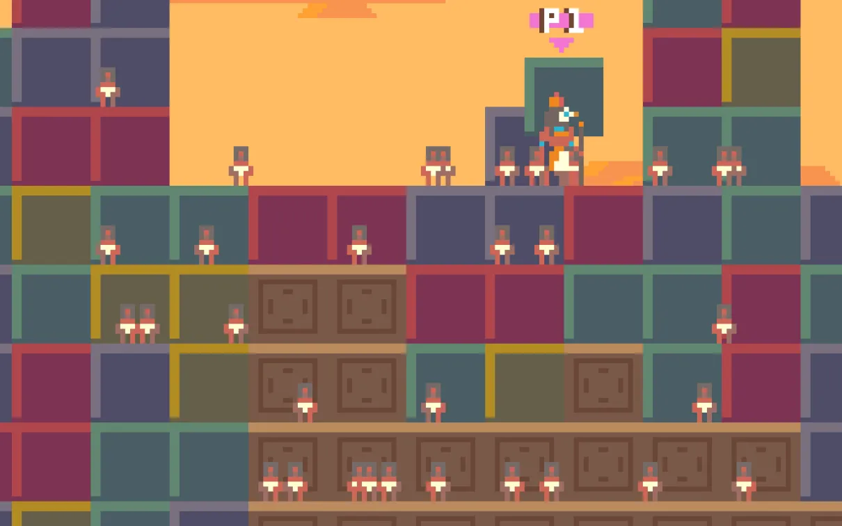 small figures move coloured blocks under the command of Ra
