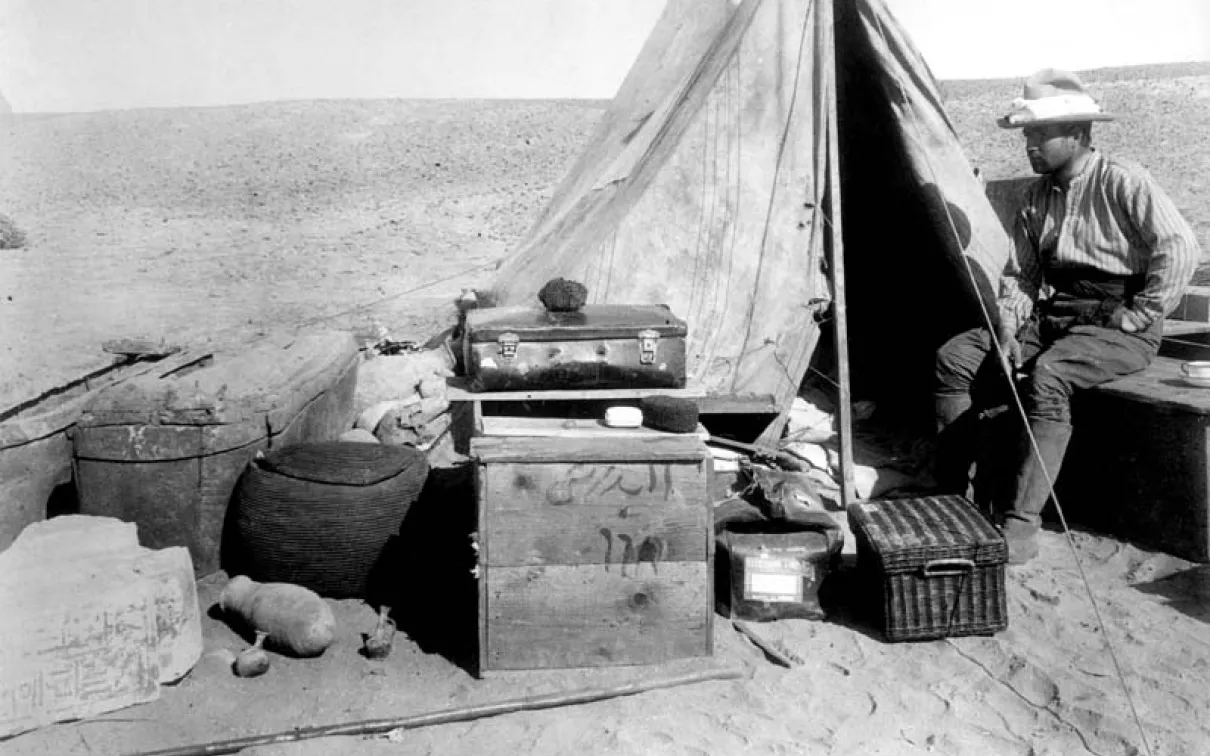 Archival photo of Dr. Currelly on expedition in Egypt.
