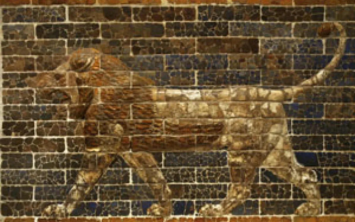 Striding Lion -  terracotta relief Babylon, Southern Citadel.  605 - 562 BCE From the throne room facade of the palace of King Nebuchadnezzar II 937.14.1    Â© ROM 2013