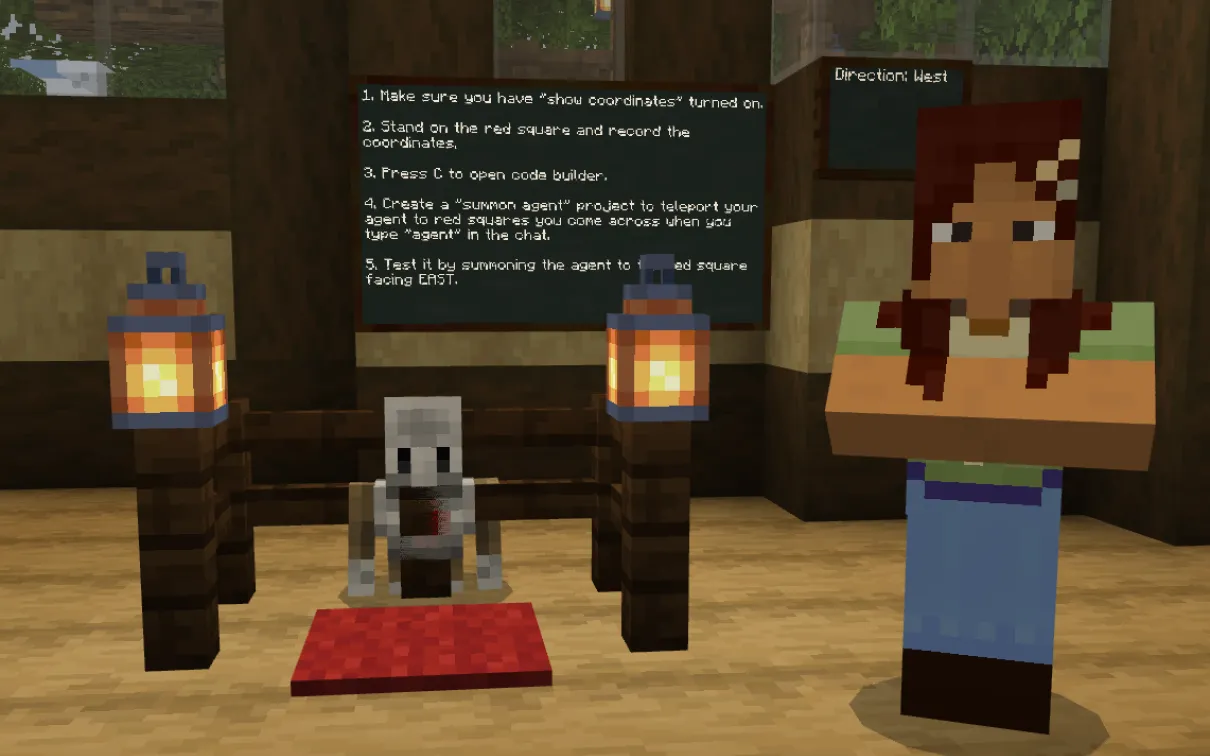 A Minecraft screenshot of an in-game guide standing next to the coding agent. Chalkboards in the background outline steps to creating a code to summon the agent, and indicate that the viewer is facing west.