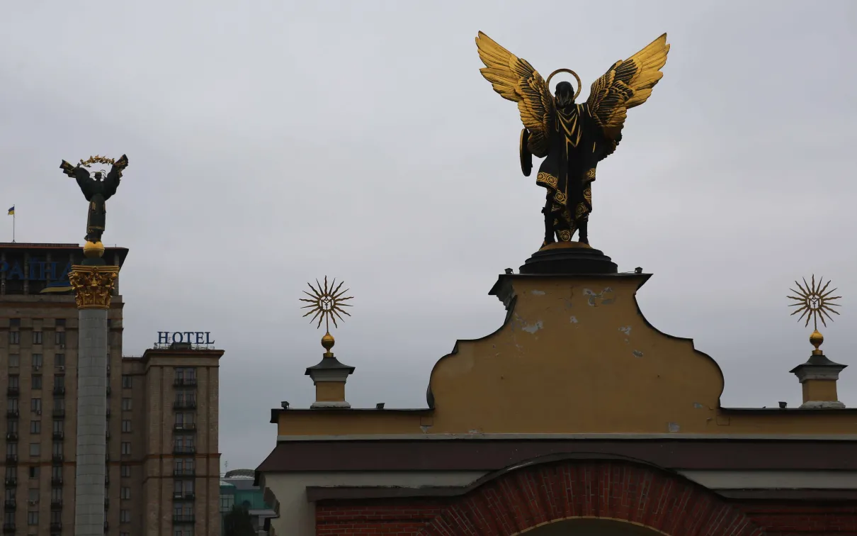 Angel on building in Independence Square, Kyiv.