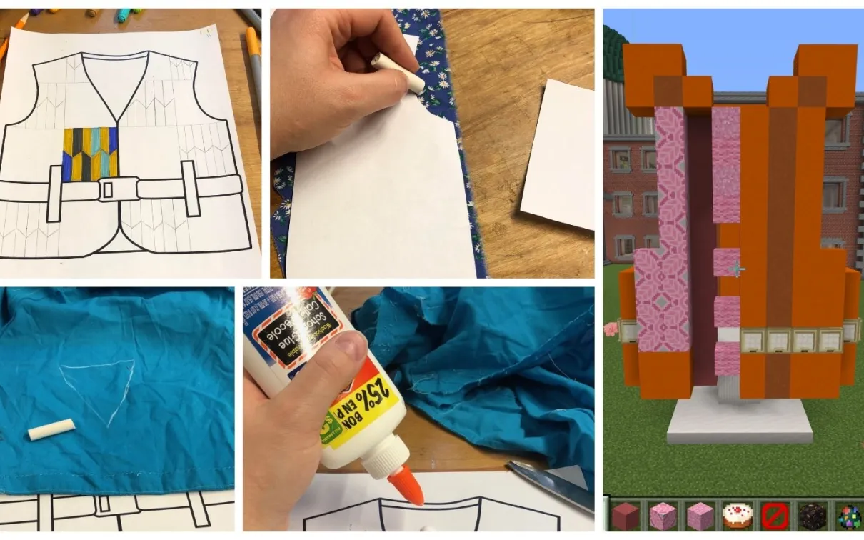 Progress photos of lifers in different media, including drawing with markers, tailoring with fabric scraps, and building in Minecraft.