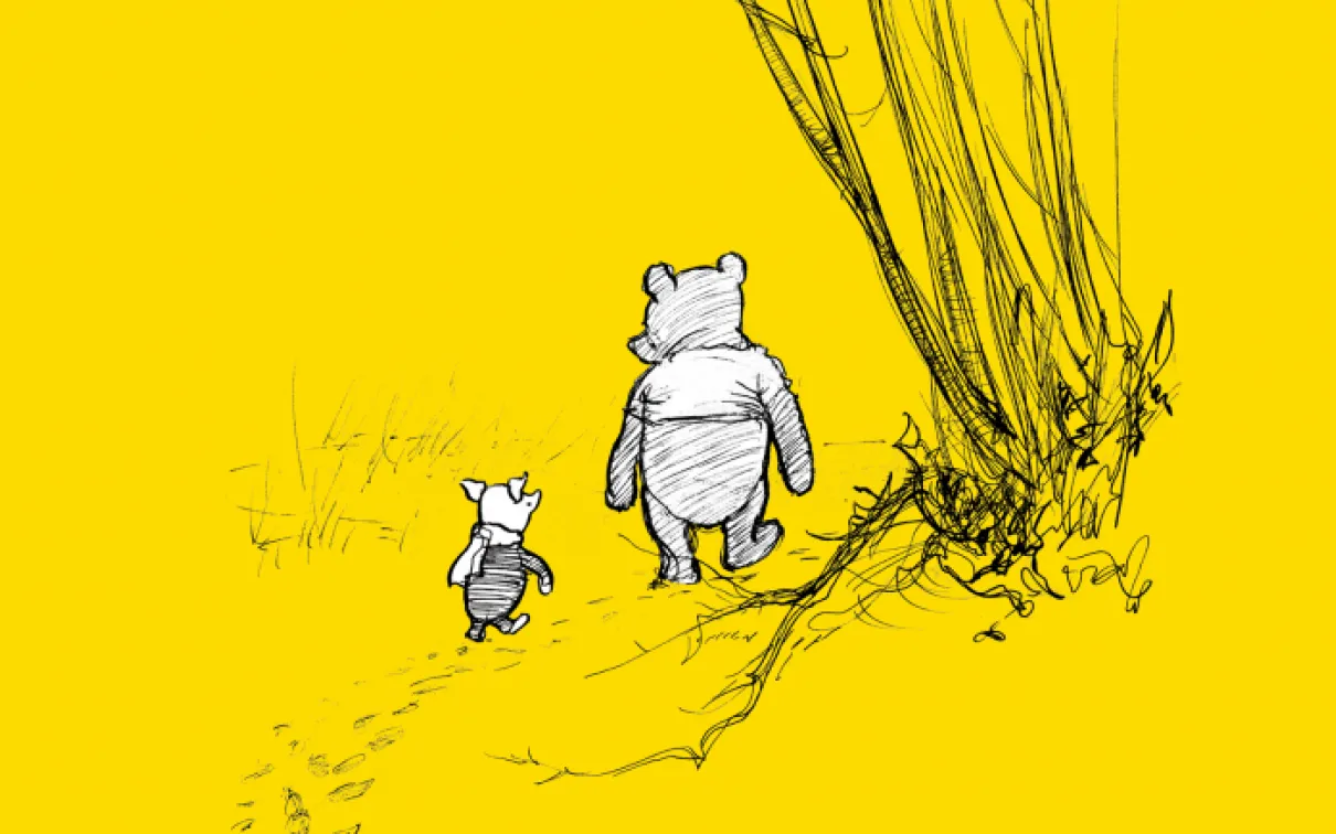 Illustration of Winnie-the-Pooh walking with Piglet.