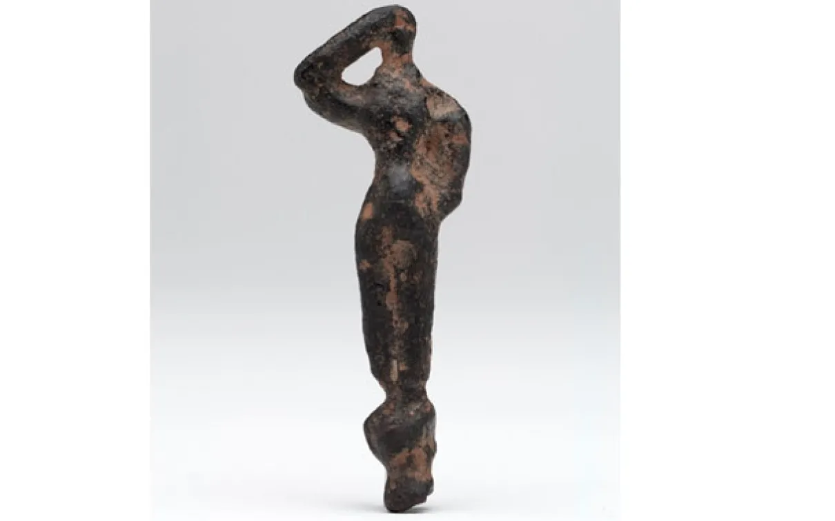 Small bronze male votive figurines were left as votive offerings by the Minoans. They were named after the mythical King Minos by Sir Arthur Evans, who first discovered their massive palace complex at Knossos on Crete in the early 20th century, ceremonial objects