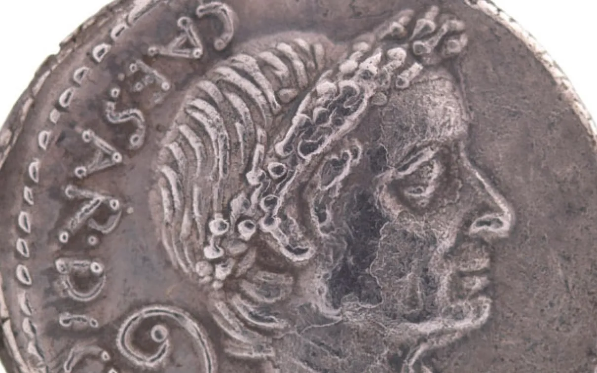 ROM has coins depicting almost all the Roman emperors! Coins were not only currency, but a way of distributing the emperor's image throughout the empire. The detail in this denarius (coin) depicts the wreathed head of Julius Caesar.