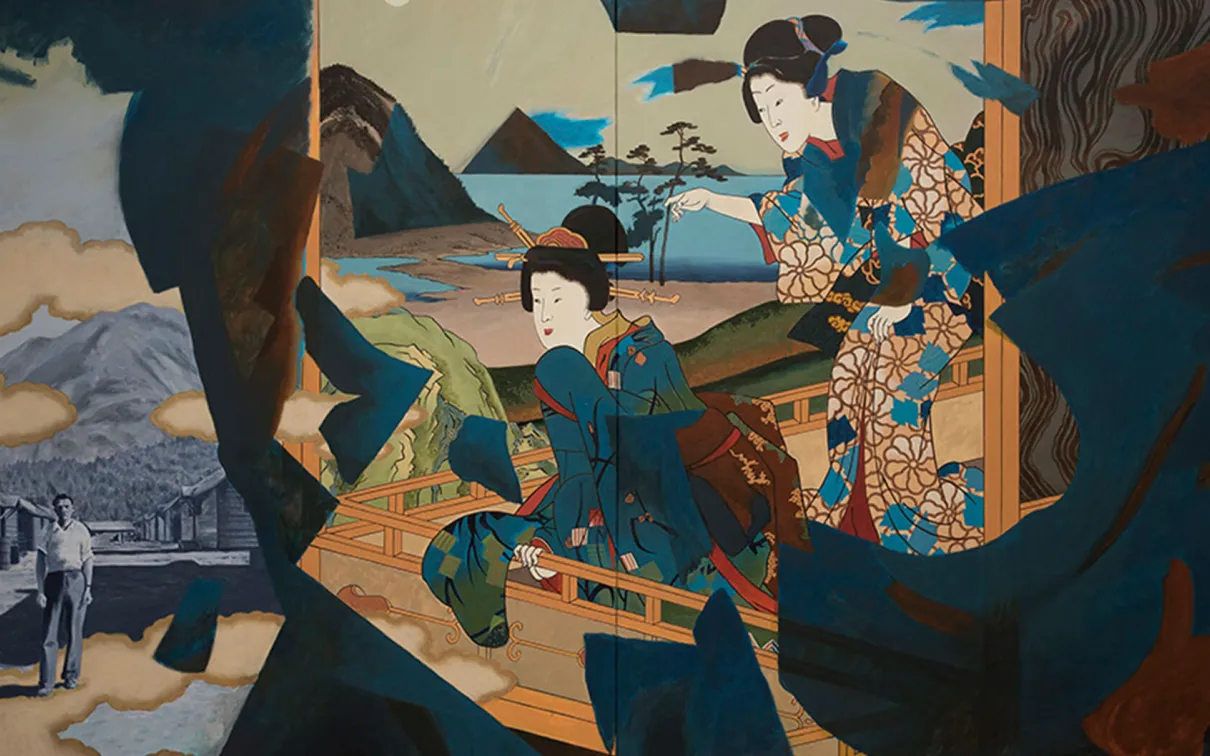 Painting of a resident from a BC internment camp and kimono-clad women from a 19th century ukiyo-e print.
