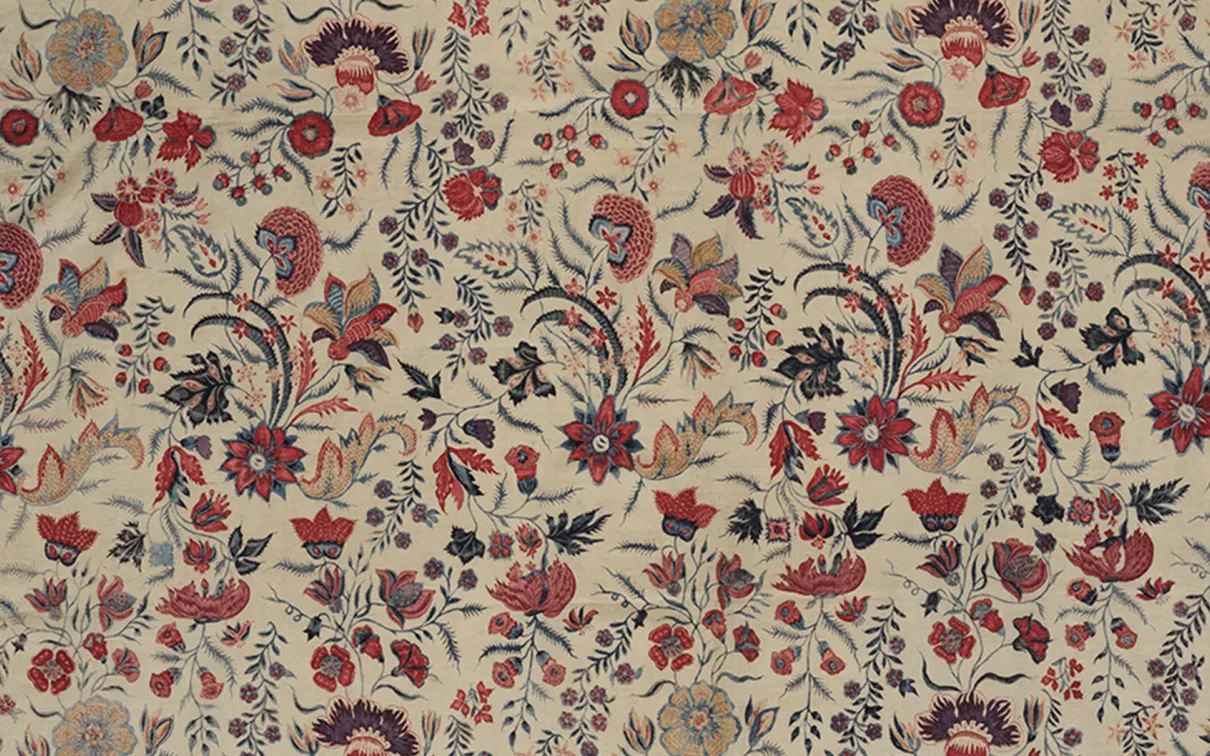 Indigo-dyed Indian chintz of mixed flower sprays.