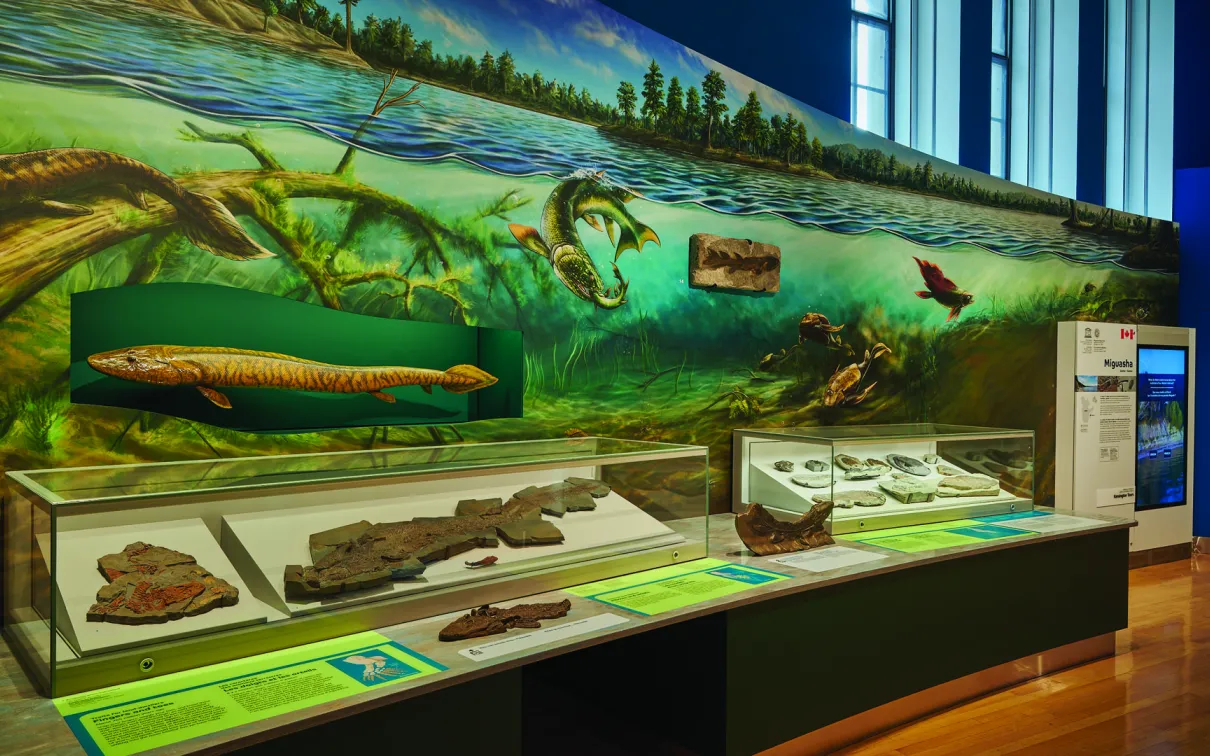 Exposition d'une galerie montrant la représentation d'une scène sous-marine par un artiste.