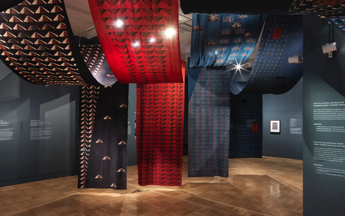 Section de panneaux de tissu de coton bleu et rouge imprimés à motifs, suspendus et accrochés, dans l'exposition Swapnaa Tamhane : Mobile Palace, au ROM.