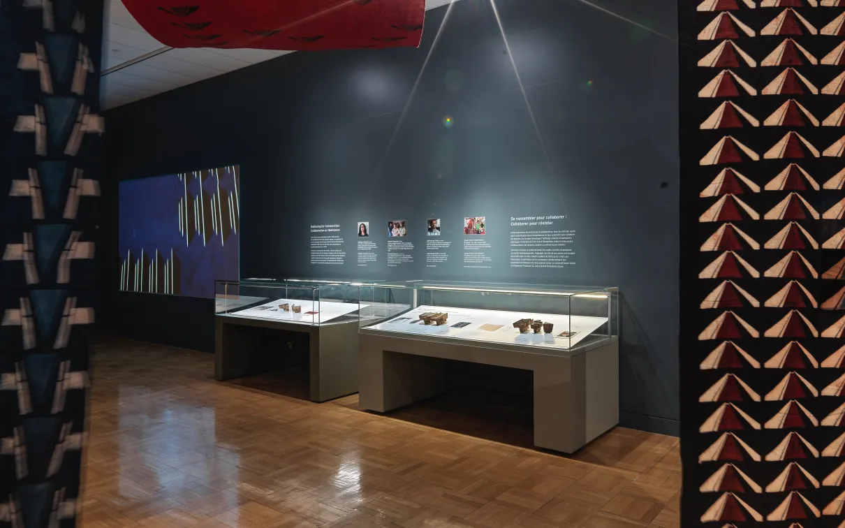 View of floor case holding wooden printing blocks in the exhibition Swapnaa Tamhane: Mobile Palace, at ROM.