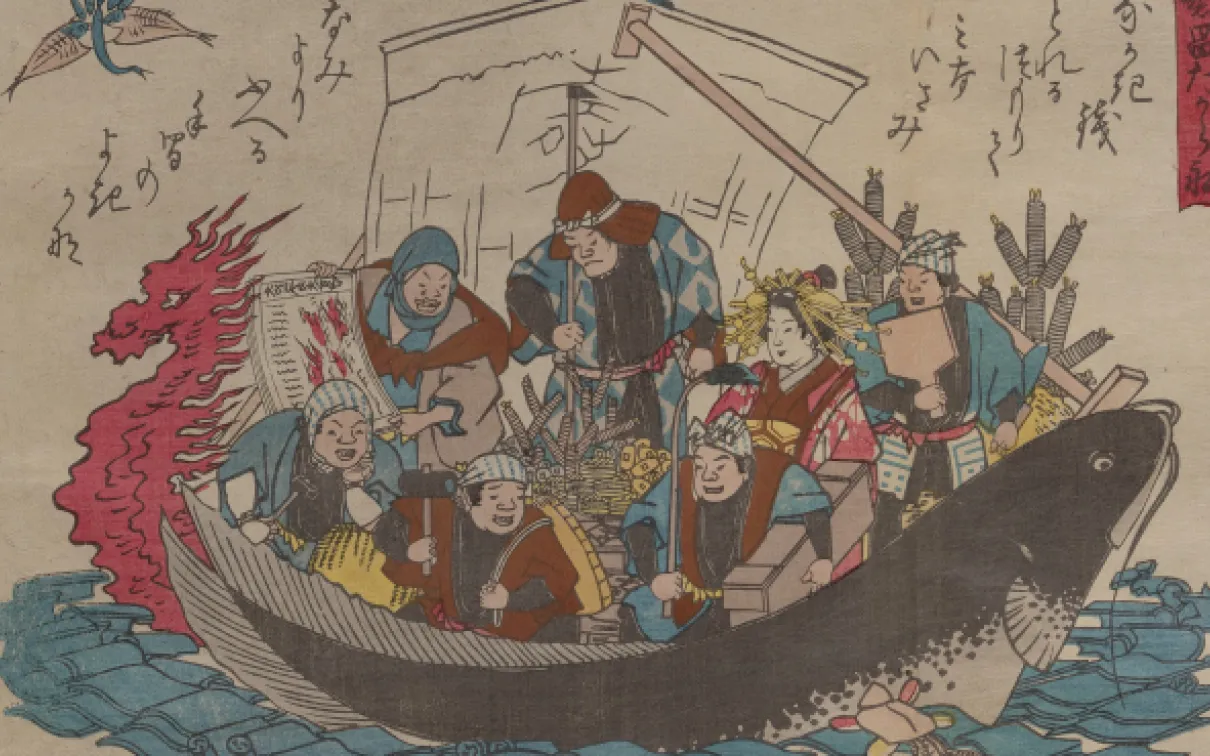 A crowd of prosperous earthquake survivors are crowded in a overloaded boat resembling a catfish.
