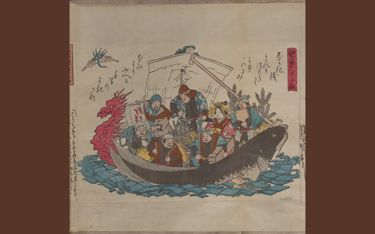 A crowd of prosperous earthquake survivors are crowded in a overloaded boat resembling a catfish.