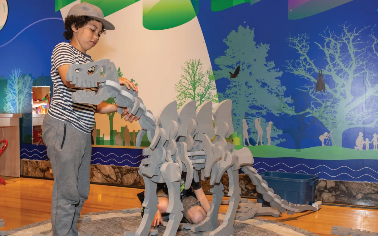 Cooperative play activities, like dino bone building blocks, help reveal the stories of objects in the Museum's collections.