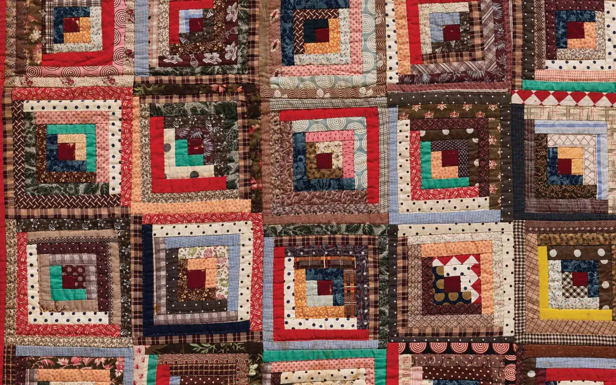Log cabin quilt (detail), 1890s, Frederica Matilda Tompkins, East Florenceville, New Brunswick. Cotton and wool. 987.212.1. Gift of Mrs. Audrey L. Livingstone. Image @ ROM.