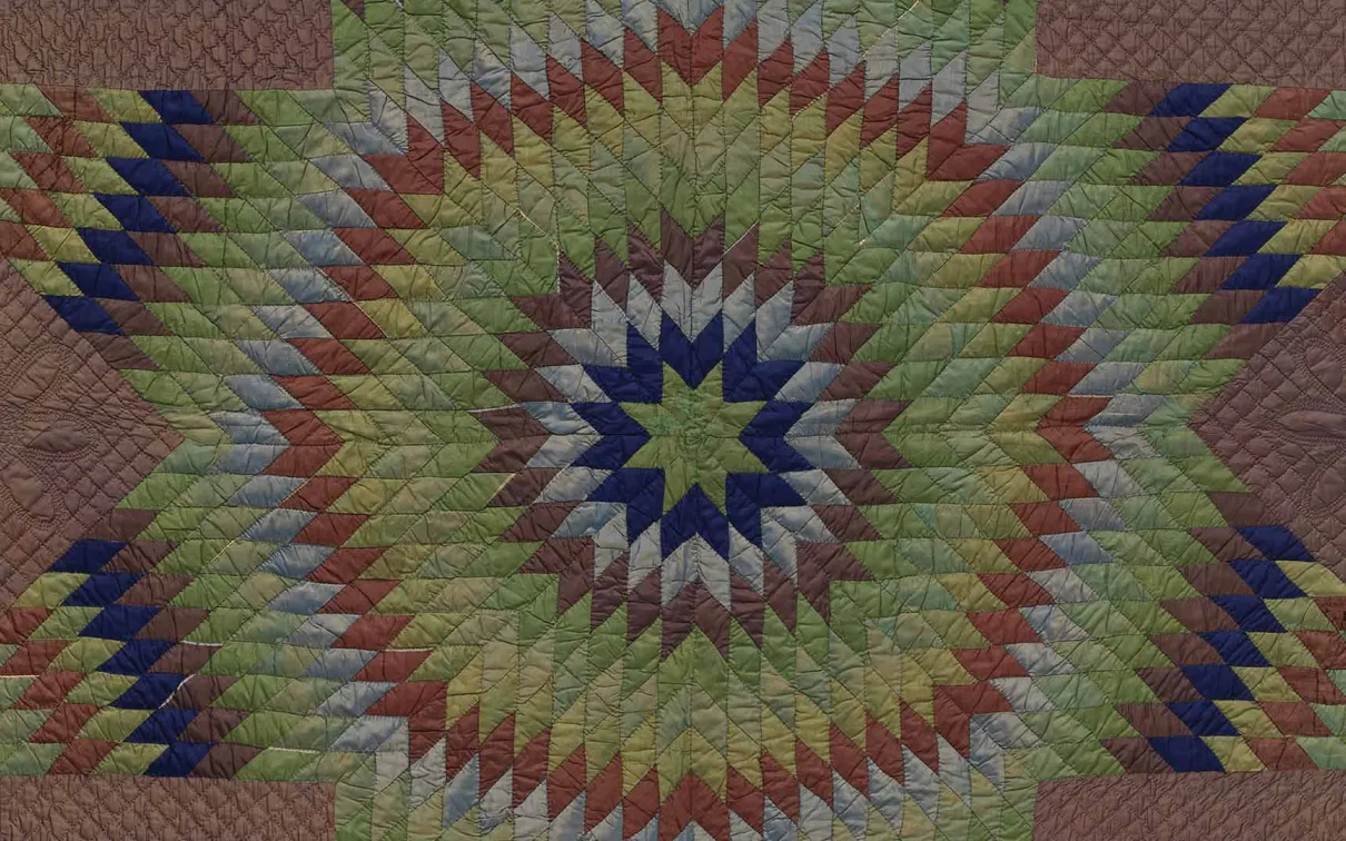 Pieced quilt (detail), 1840-1860, Janet Murray, Haldimand County, Ontario.  Silk tabby, pieced and quilted. 974.67.  Image @ROM.