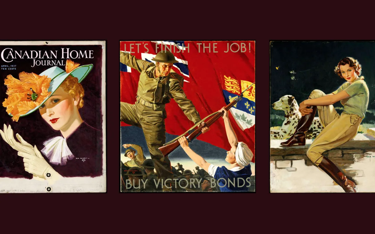 "Woman in hat, donning gloves" (oil and graphite on canvas), Rex Woods, 1937. "Let's Finish the Job! - Buy Victory Bonds" (oil on canvas), Rex Woods, 1943. "Female equestrian with Dalmatian" (oil on canvas), Rex Woods, 1936
