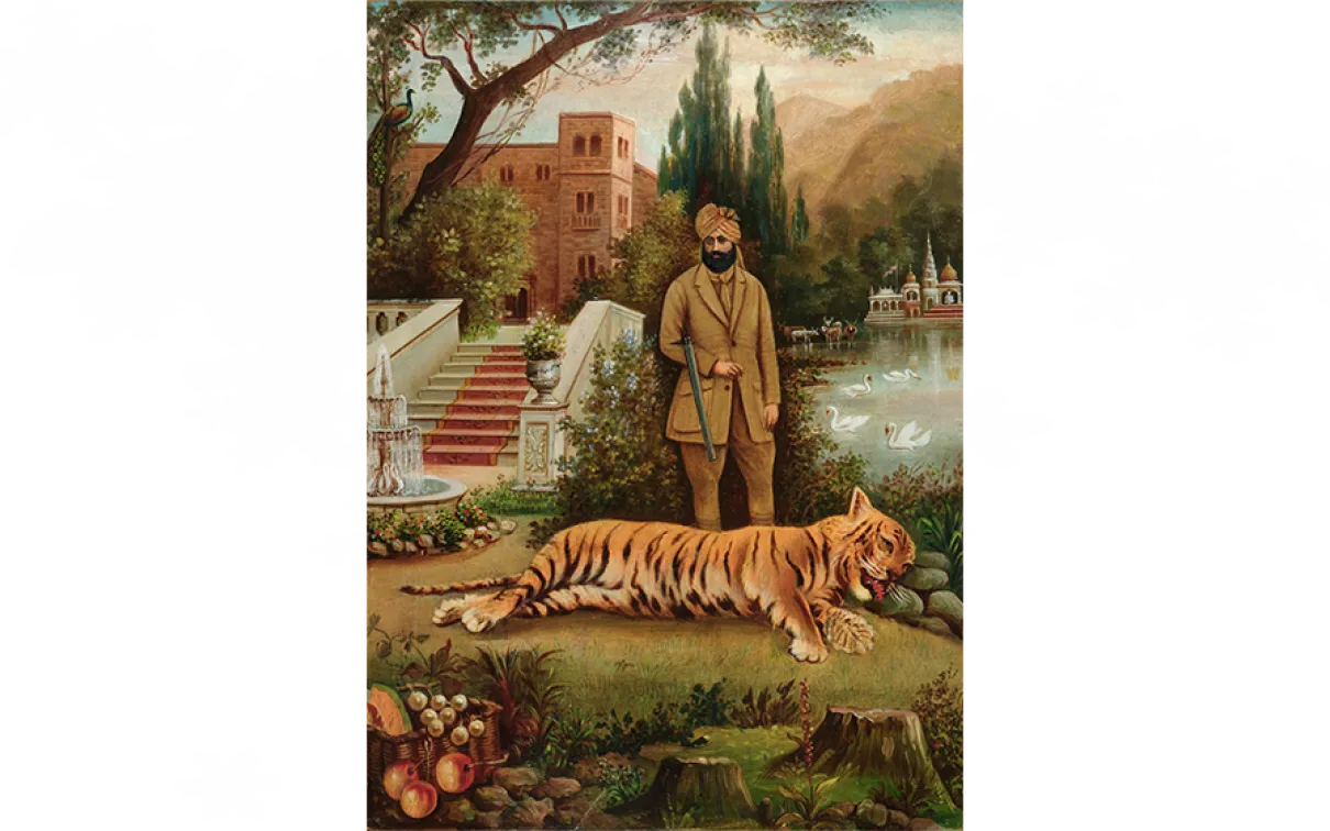 Maharaja avec un tigre, vers 1890. Épreuve à la gélatine argentique, coloriée à la main. Réalisateur Inde non répertoriée, années 1800. Avec l'aimable autorisation de la collection Solander.
