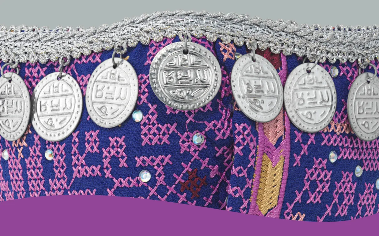 Detail of embroidered purple cloth mask embellished with coins and rhinestones