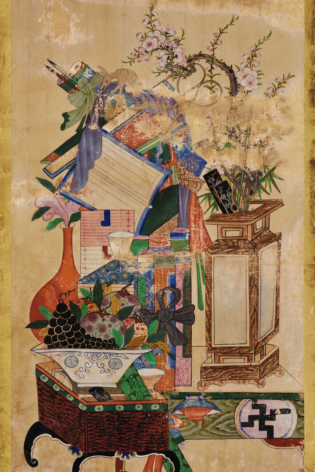 Late 19th century Joseon Dynasty Korean six-panel folding screen with image of stationary utensils, 995.38.1. © ROM and Gift of Mary Anne and Chris Miller.