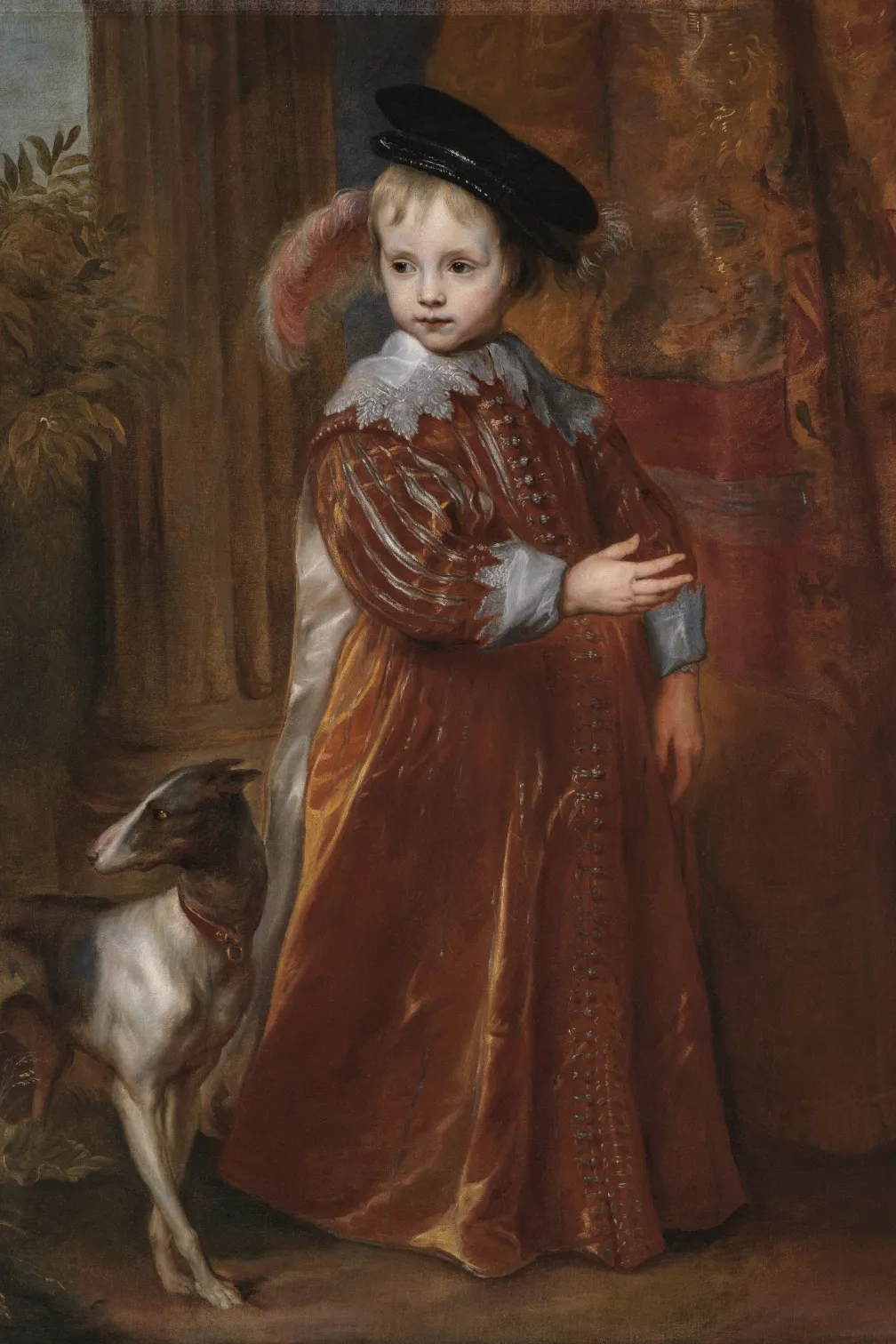 Prince Willem II of Orange as a child, dressed in adults robes and standing before a curtain with a dog seated at his feet.