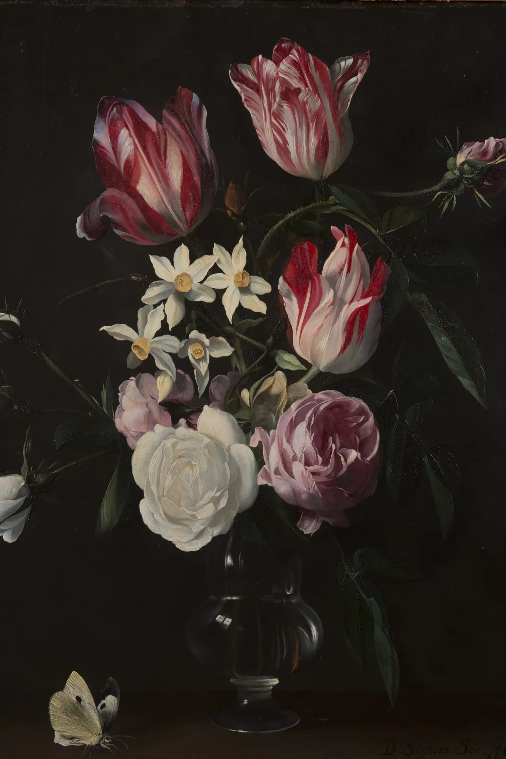 Still life painting of pink and white roses, tulips and narcissi in a vase on a black background