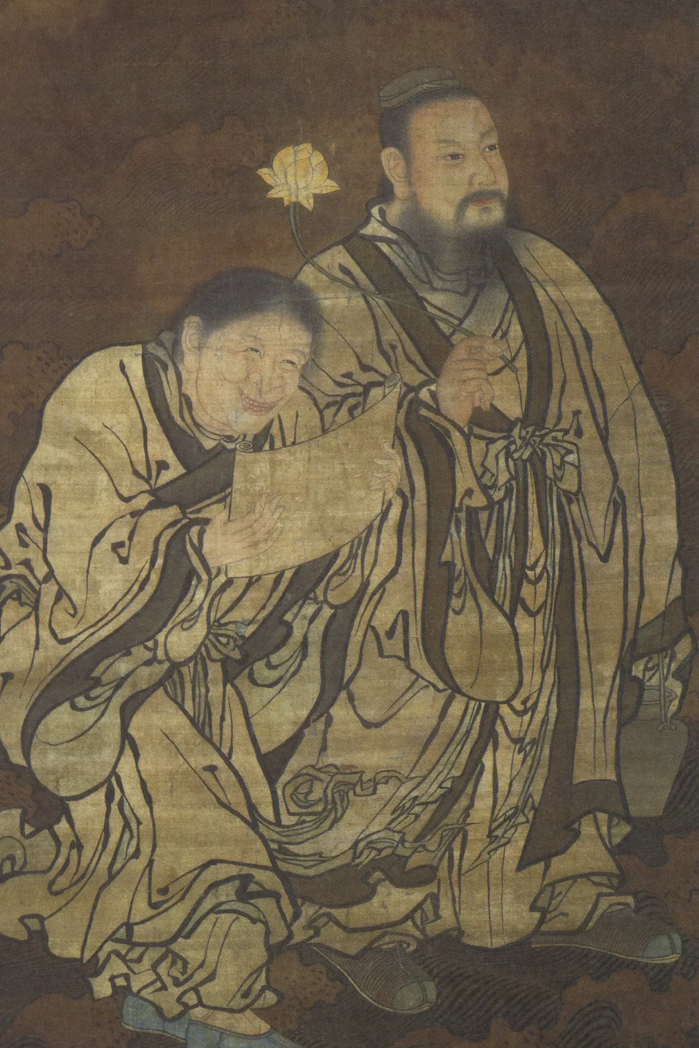 Vertical painting on a textured, brown-toned background showing two robed figures standing