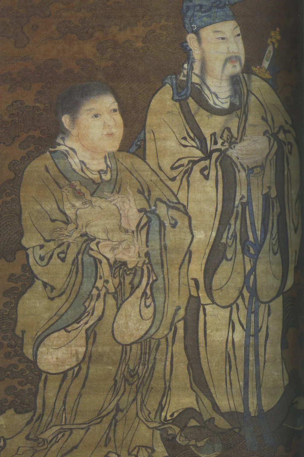 Vertical painting on a textured, brown-toned background showing two robed figures standing