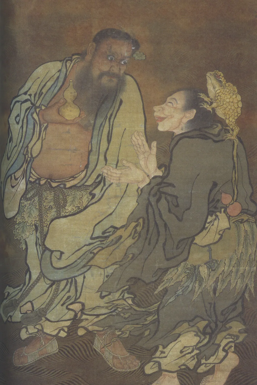 Vertical painting on a textured, brown-toned background showing two robed figures standing 