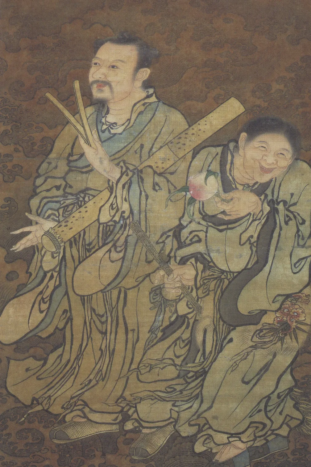 Vertical painting on a textured, brown-toned background showing two robed figures standing 
