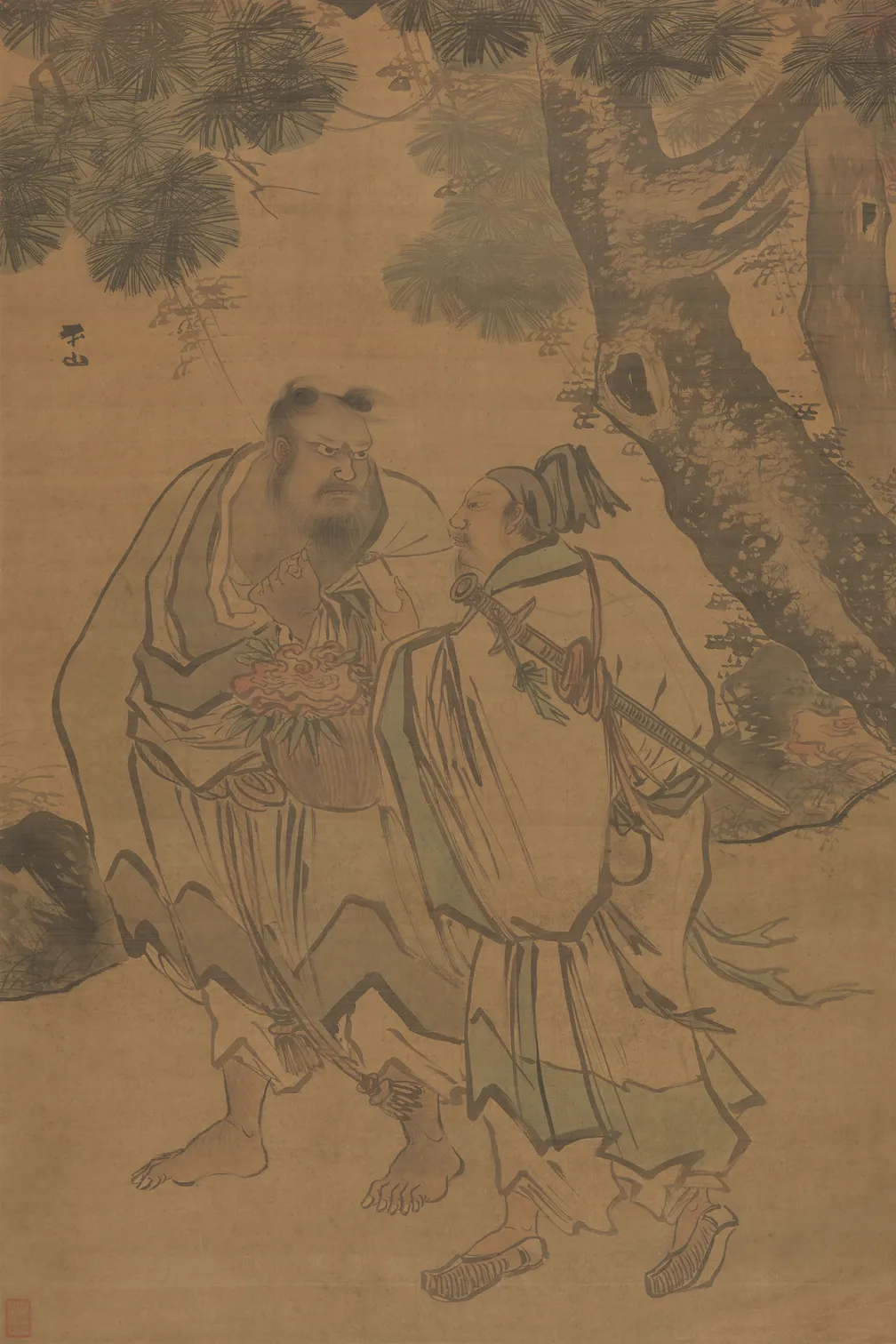 Vertical ink-and-color painting on a tan silk ground showing two robed figures standing outdoors beneath a large tree. 