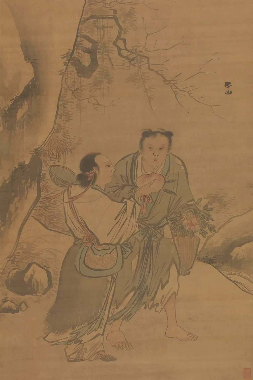 Vertical ink-and-color painting on a tan silk ground showing two robed figures standing outdoors beneath a large tree. 